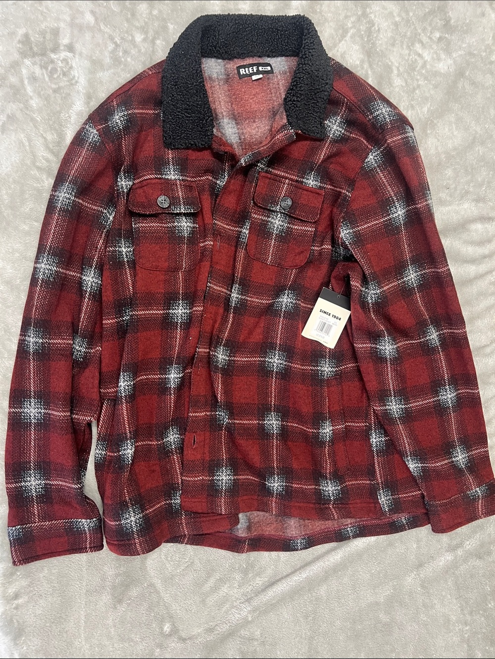 Reef Red & Black Plaid Sherpa Collar Shirt Jacket